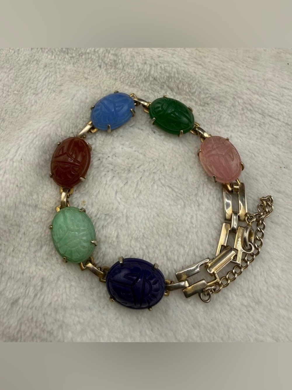 Vintage Scarab Beetle Bracelet Multi-Color Gemstones Gold Tone